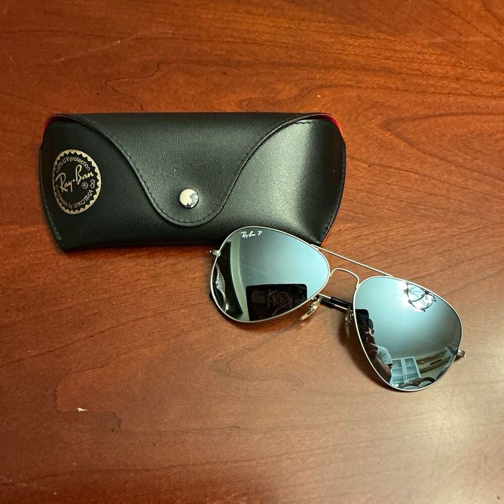 Ray-Ban RB3025 Aviator Large Metal Silver Polarized Sunglasses 58 14 w/ Case 50